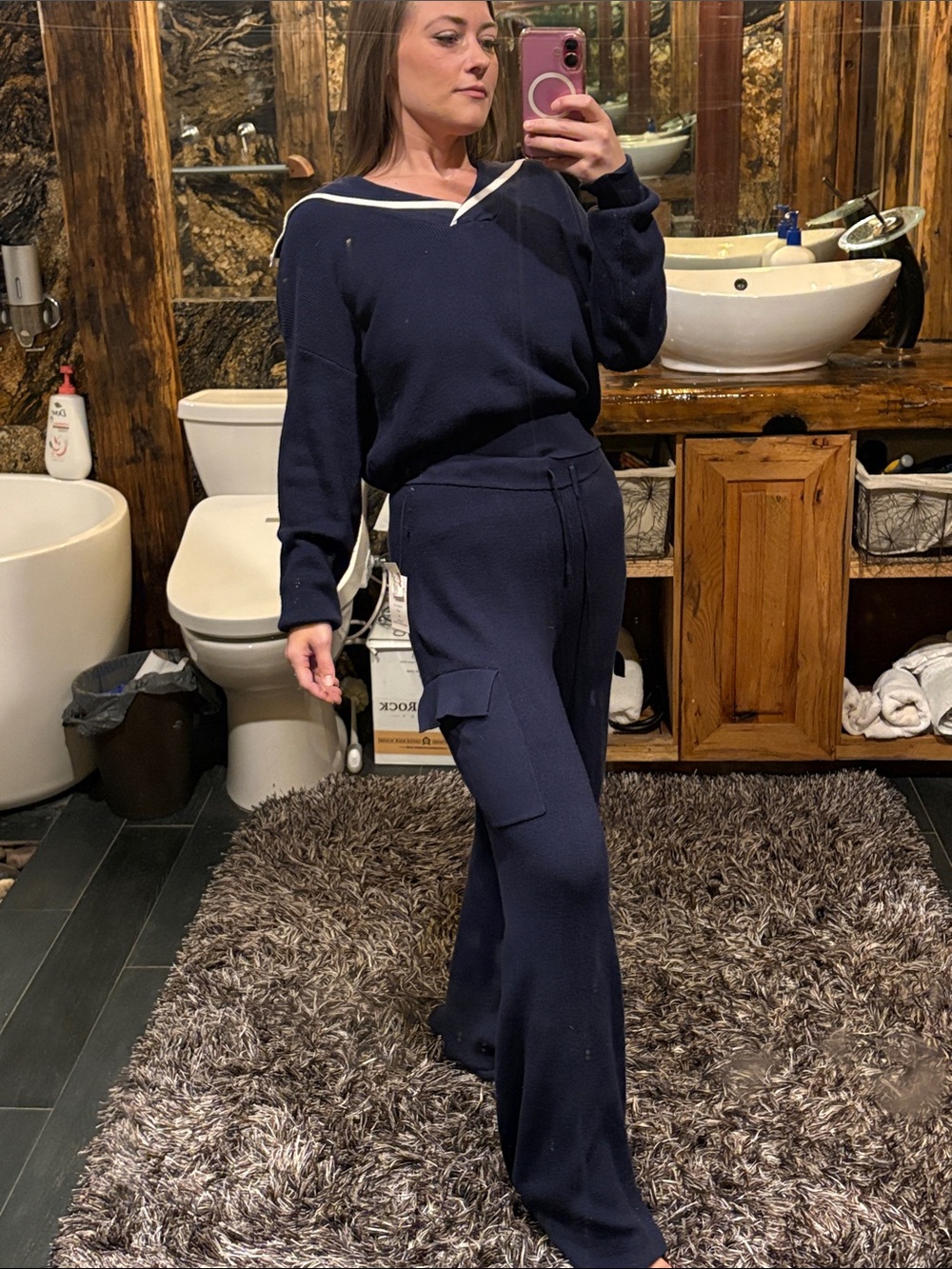 Pink Rose Navy Wide-Leg Cargo Knit Pants